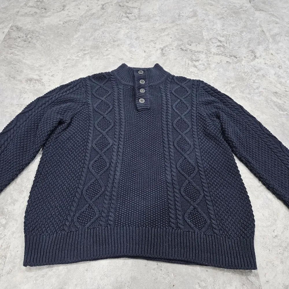 LL Bean Signature Fisherman Button Henley Sweater Blue‎ Cable Knit MENS XL Mock